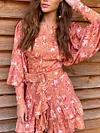Retro Floral Print Flared Sleeves Belted Falbala Mini Dress