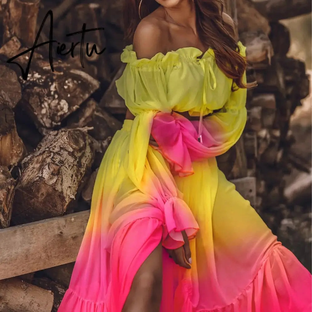 Autumn Chic Sexy Off Shoulder Ruffle Blouse&Slit Long Skirt Women Suit Vintage Colorful Print Two Piece Set Lady Elegant Outfiit Aiertu
