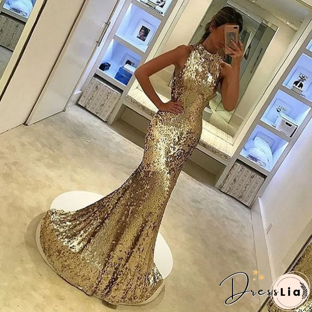 Womens Sleeveless Neck Sequin Party Prom Dress Shinny Slim Fit Fishtail Maxi Elegant