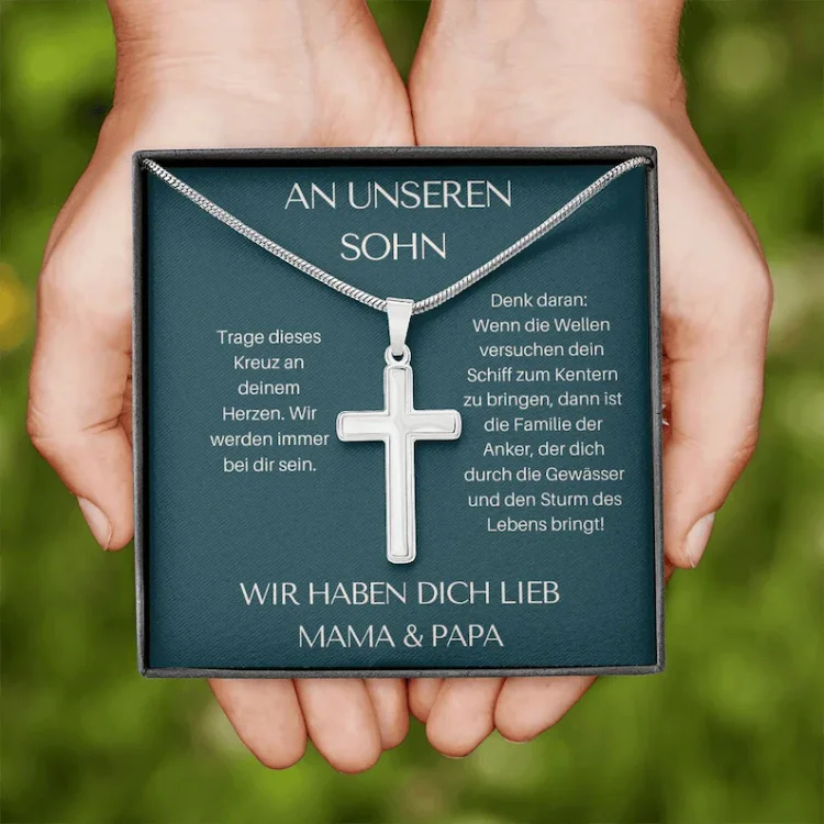925 Sterling Silber An Unseren Sohn von Mama & Papa  Kommunion Kreuz Halskette - Geschenk mit Nachrichtenkarte