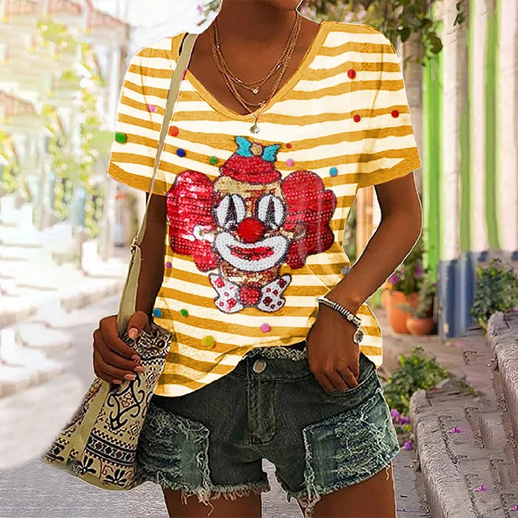 VChics KÖLner Karneval Clown Striped Print V-Neck Short Sleeved T-Shirt