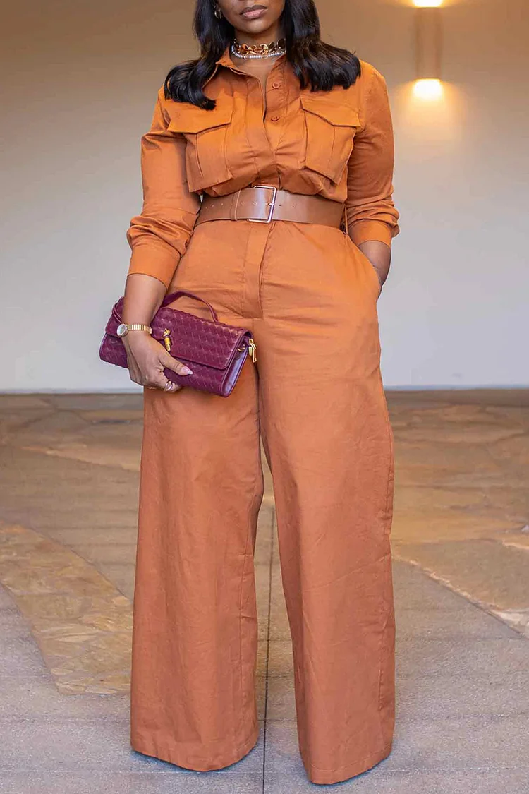 Plus Size Business Casual Orange Shirt Collar Long Sleeve Cargo Casual Zipper Jumpsuits [Pre-Order]