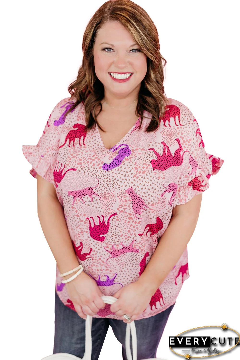 Pink Plus Size Jaguar Print Ruffled Short Sleeves Top