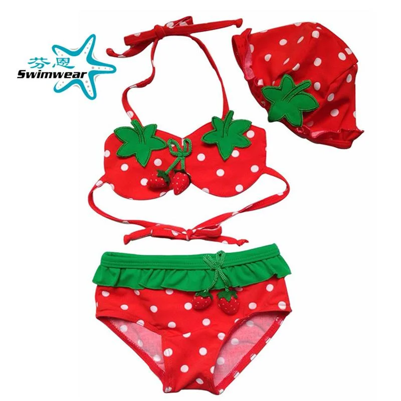 3PCS Baby Girl Kids Hat+Bra+Shorts Lovely  Strawberry Bikini Set Swimsuit Swimwear Bathing Suit Clothes