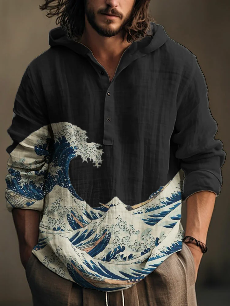 Great Wave Japanese Art Linen Blend Hooded Shirt
