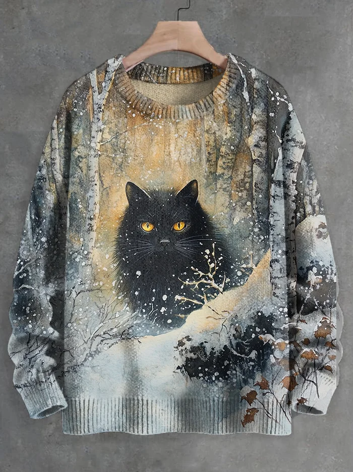 Men's Black Cat In The Snow Natural Landscape Art Print Knit Sweatshirt