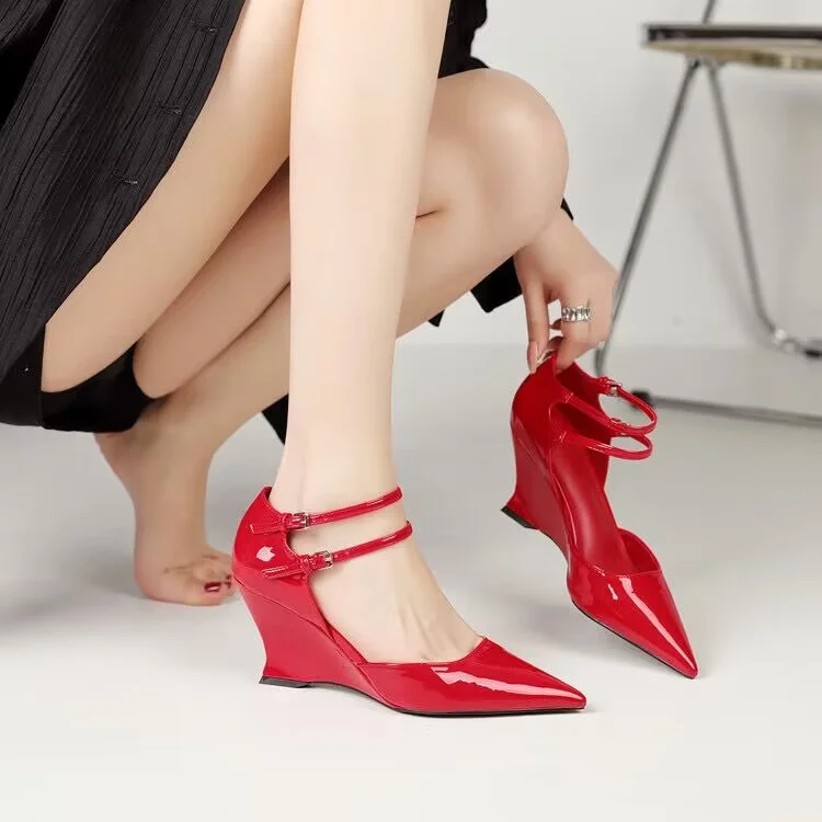 Yyvonne Spring And Summer Show New Slope Heel Red High Heels Women Patent Leather Sexy Bao Head Individual Sandals