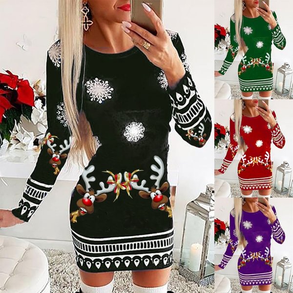 Women's Fashion Long Sleeve Reindeer Printed Christmas Holiday Mini Bodycon Dress - Chicaggo