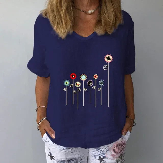 Women Summer Cotton Linen Blouse Casual V Neck Short Sleeve Femme Blouse Shirt New Letter Print 2022 Blusas Womens Tops S-3XL