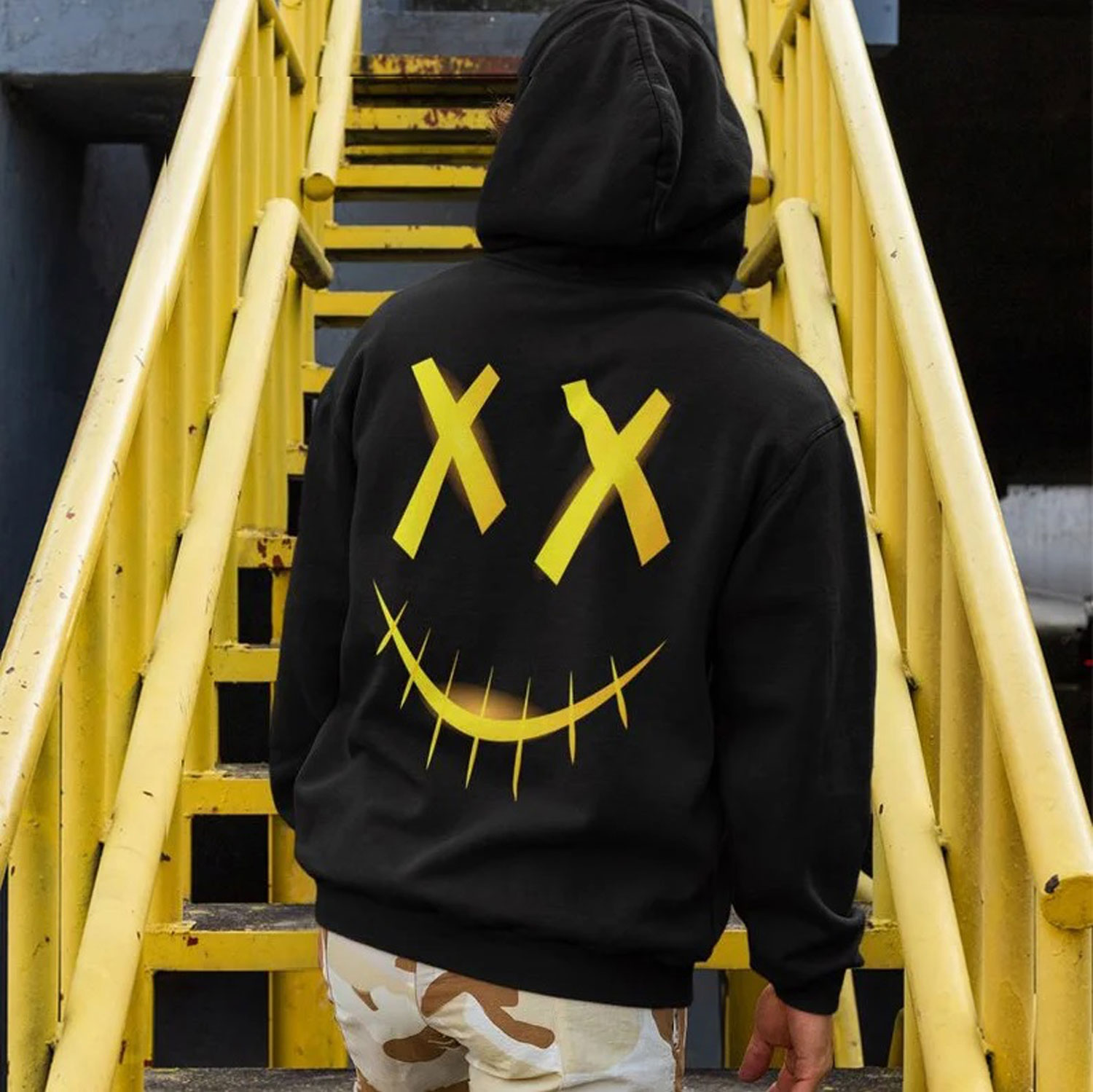 Emoji Yellow Pattern Graphic Casual Black Print Hoodie