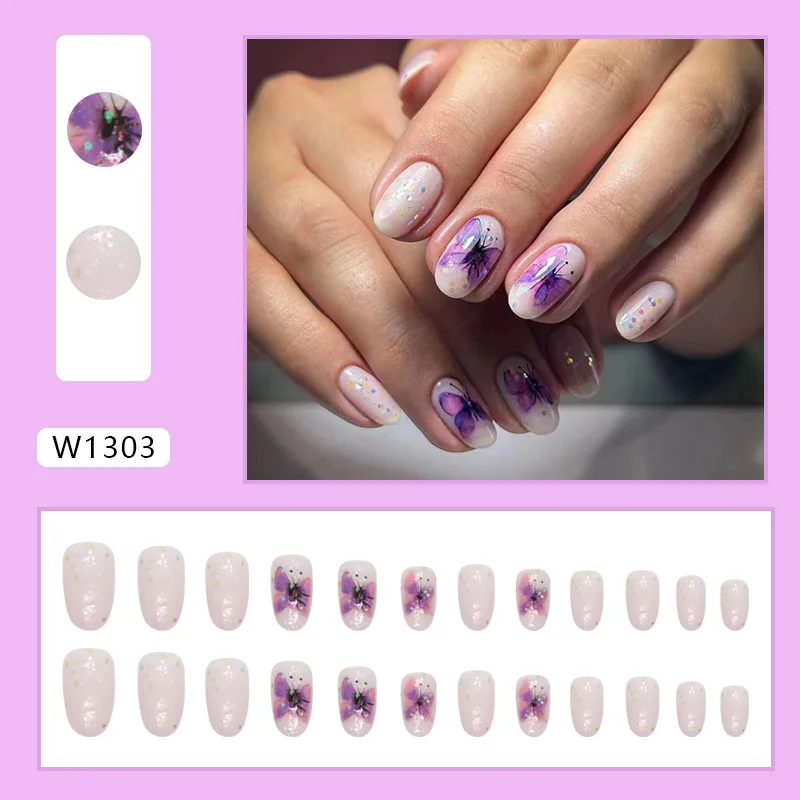 Churchf Churchf Desire Flash Pink Purple Dizzy Dye Butterfly Nail Oval Lovely Beautiful Nail Piece Finished Wear Nail