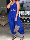 Solid Backless Drawstring Condole Belt V-Neck Harem Jumpsuits