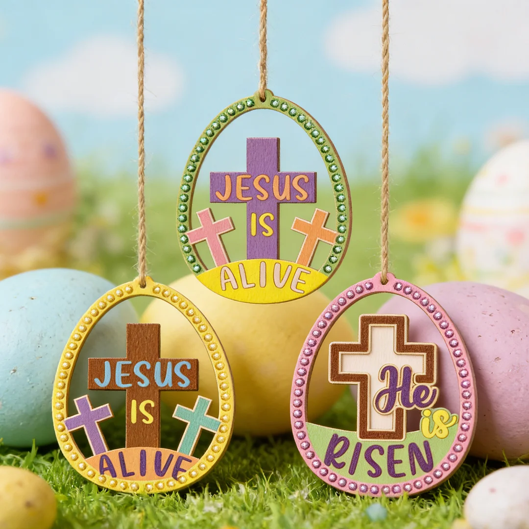 10Pcs Easter Cross DIY Unfinished Graffiti Wooden Pendant Wood Graffiti Crafts Hanging Ornaments for Living Room Office Party Decoration