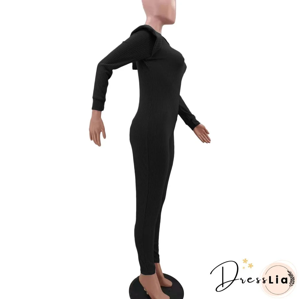 Knitted Long Sleeve Shoulder Padded Hooded Jumpsuit