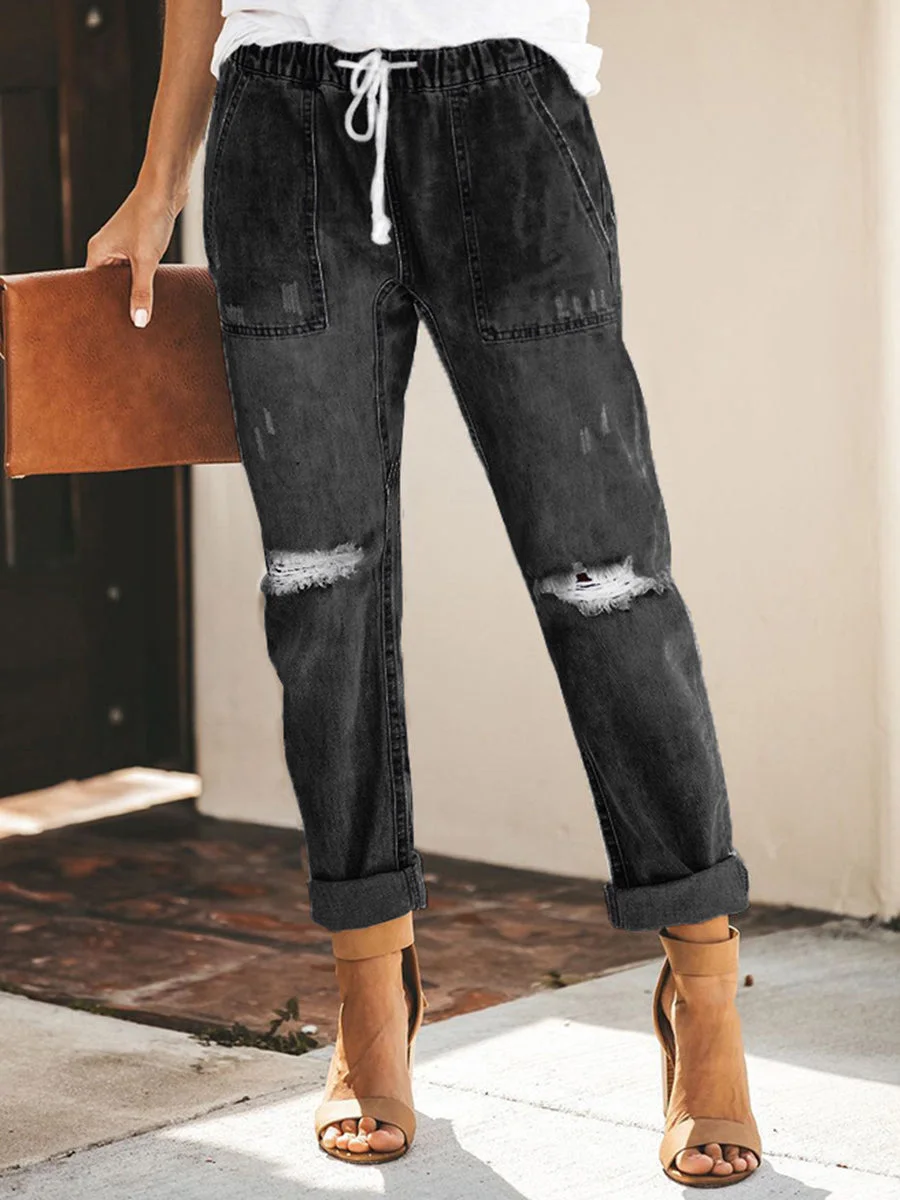 Straight Hollow Out  Lace-up Jeans