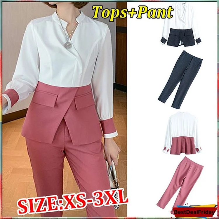 Autumn Suit Women Pants 2 Piece Set Elegant Office Lady Outfits Hit Color Blouse And Pants Fashion Sets