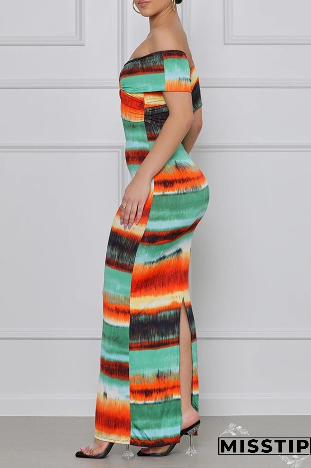 Colour Fashion Sexy Print Backless Slit Off the Shoulder Short Sleeve Dress