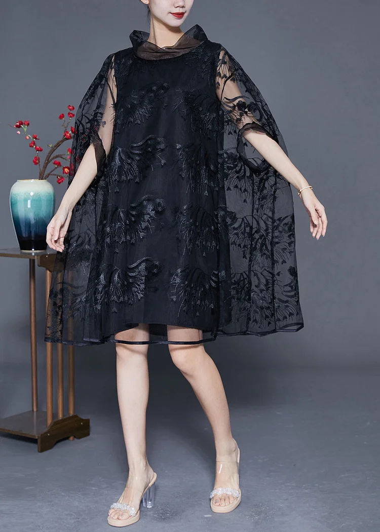 Elegant Black High Neck Embroideried Hollow Out Tulle Dress Cloak Sleeves