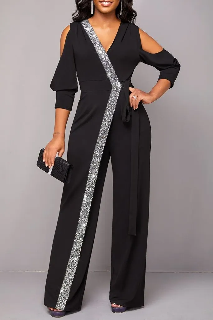 Daisda Chic Black V Neck Off the Shoulder High Waist Long Wide-legged jumpsuit with Beadings