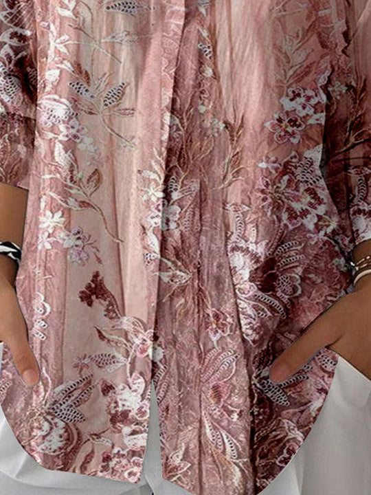 Women 3/4 Sleeve Shirt Collar Floral Printed Graphic Button Tops