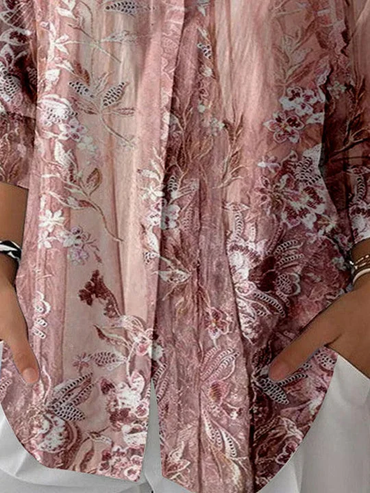 Women 3/4 Sleeve Shirt Collar Floral Printed Graphic Button Tops