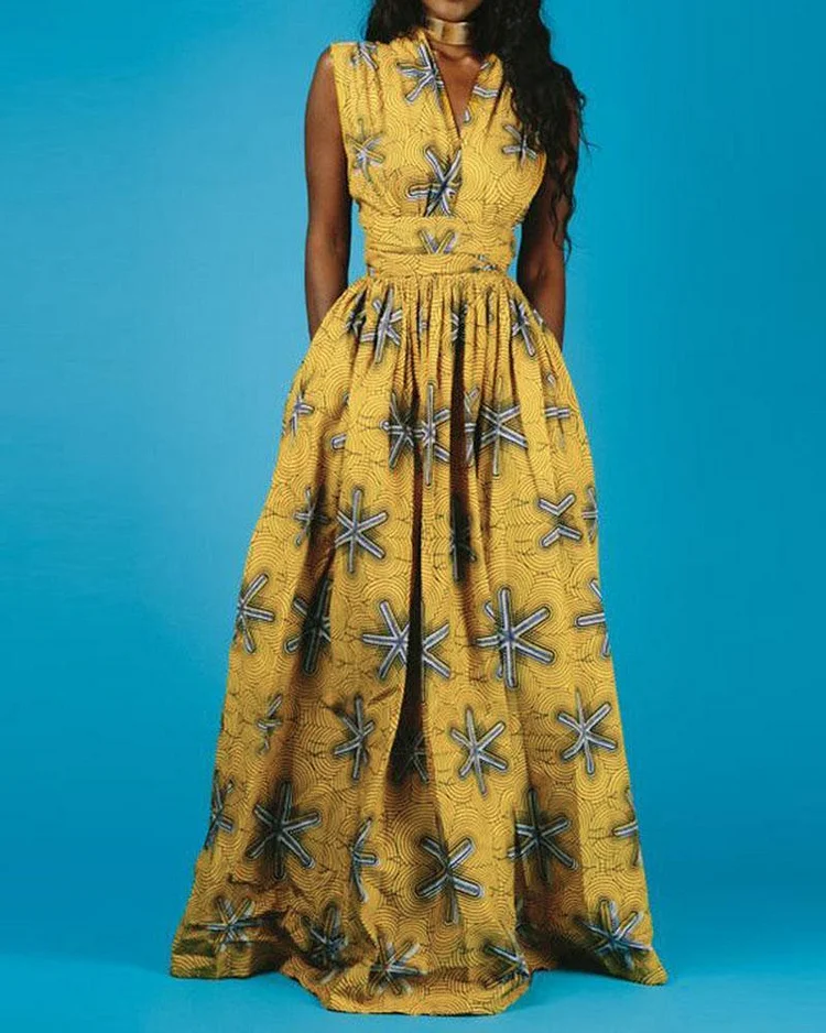 Lace-up Printed Irregular High-waist Split Fashion Dress