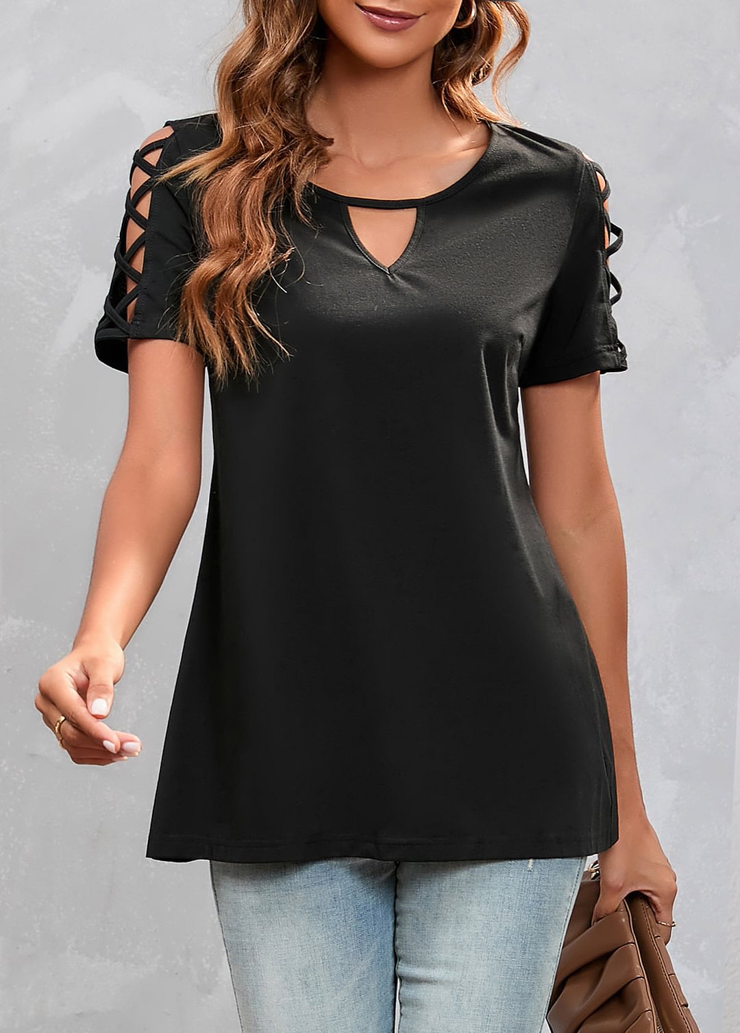 Black Cross Strap Keyhole Neckline T Shirt