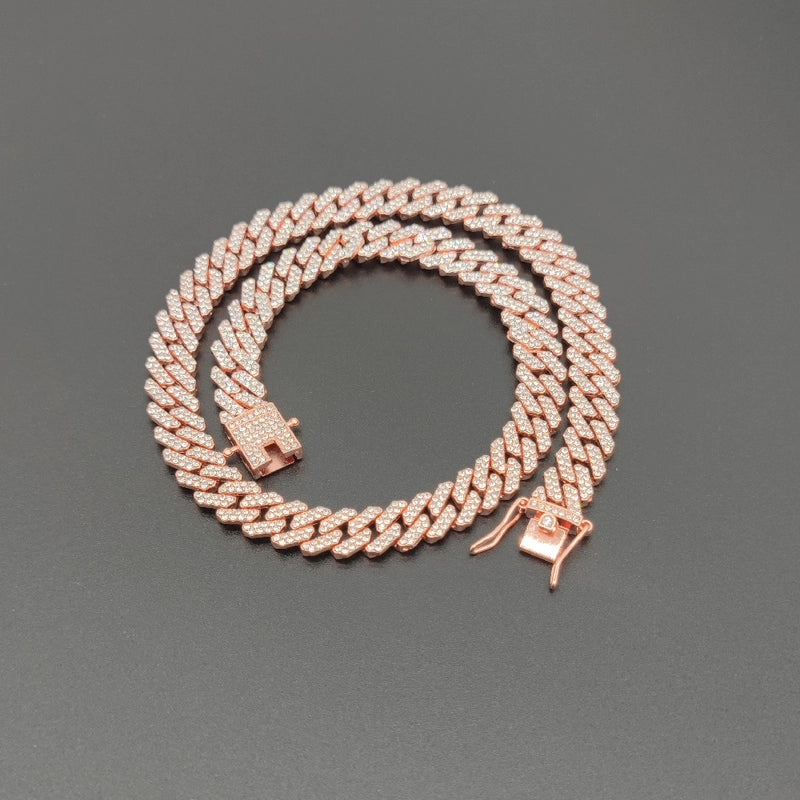 New 12mm Bar-shaped Men’s Cuban Chain Necklace Gold-plated Full Diamond Alloy Hip Hop Style Chain