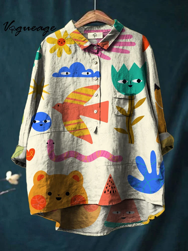 Elegant Watercolor Floral Print Cotton And Linen Shirt