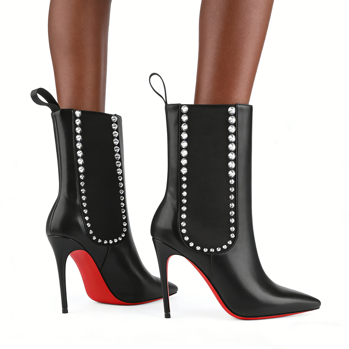 100mm Women's High Heels Boots Red Bottom Black Rivet Ankle Boots-MERUMOTE