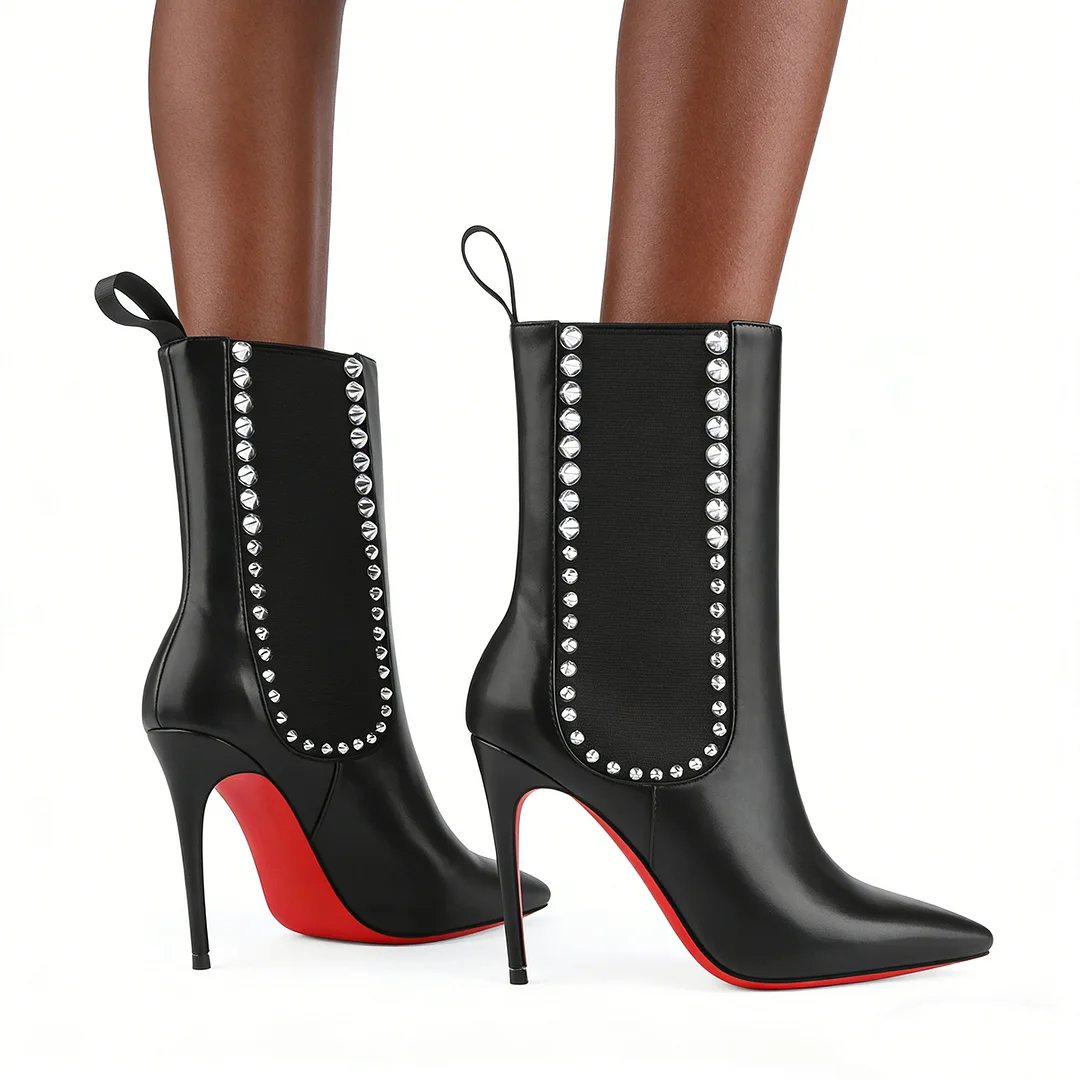 100mm Women's High Heels Boots Red Bottom Black Rivet Ankle Boots-MERUMOTE