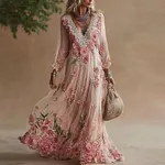 Vintage Boho Roses Lace Patchwork Flowy Linen Maxi Dress - Image 2