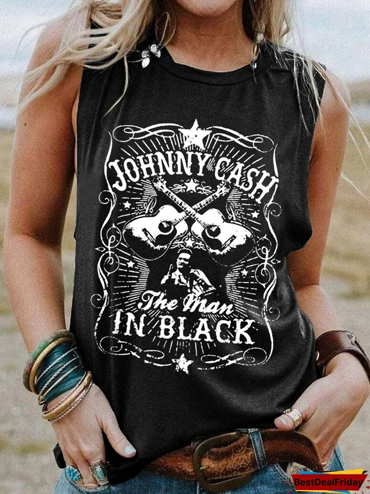 Bestdealfriday Johnny Cash Sleeveless Vintage Crew Neck Cotton Blend Woman Vests