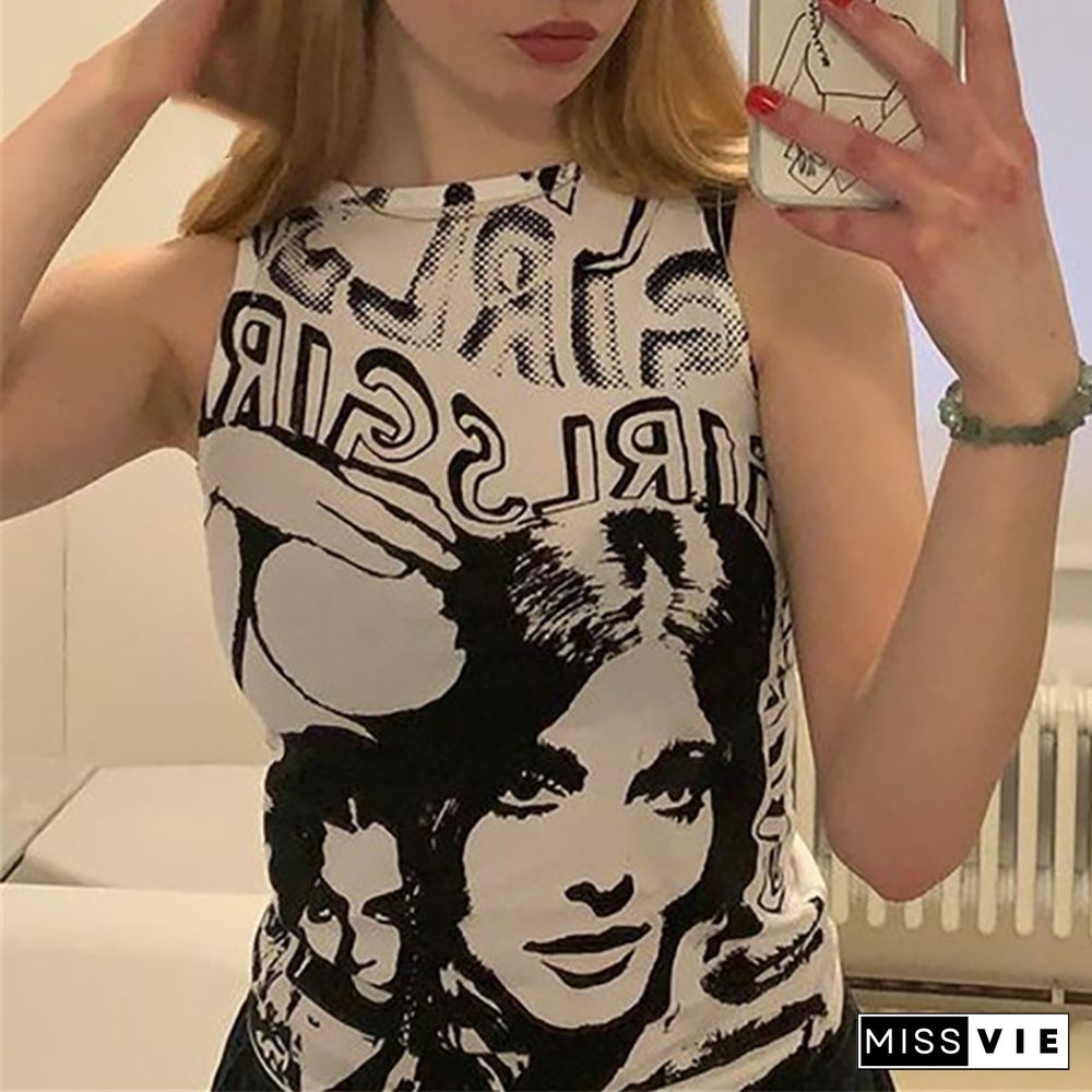 Women Trendy Portrait Letter Printed Tank Tops Summer Vest Female Round Neck Sleeveless Slim Fit Crop Tops