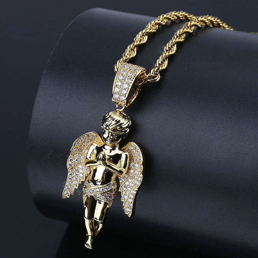 Iced Out Mens Angel Pendant in 14K Gold (3mm- 24inches)