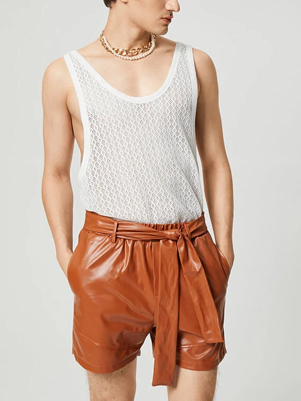 Aonga - Mens Lace-up Elastic Waist Artificial Leather Shorts I