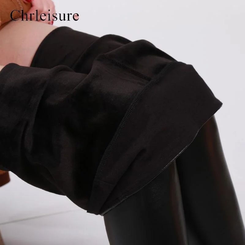 CHRLEISURE Warm Leather Leggings Women Autumn Winter Black Thick Pu Leather Leggings Thin Fashion High Waist Push Up Leggings