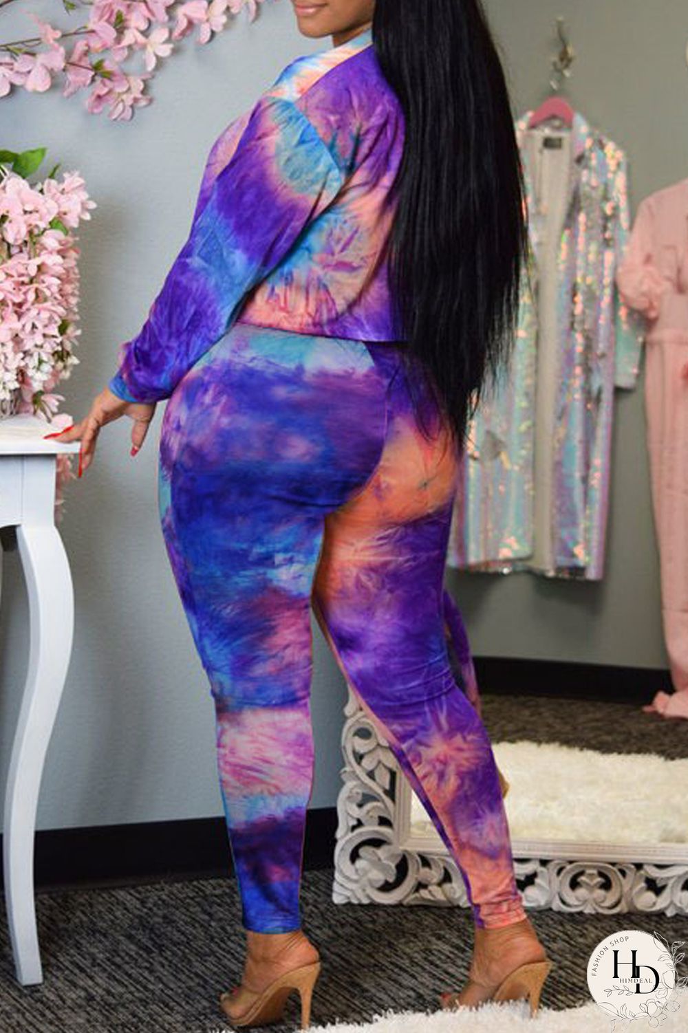 Green Fashion Casual Print Tie-dye Oblique Collar Long Sleeve Two Pieces