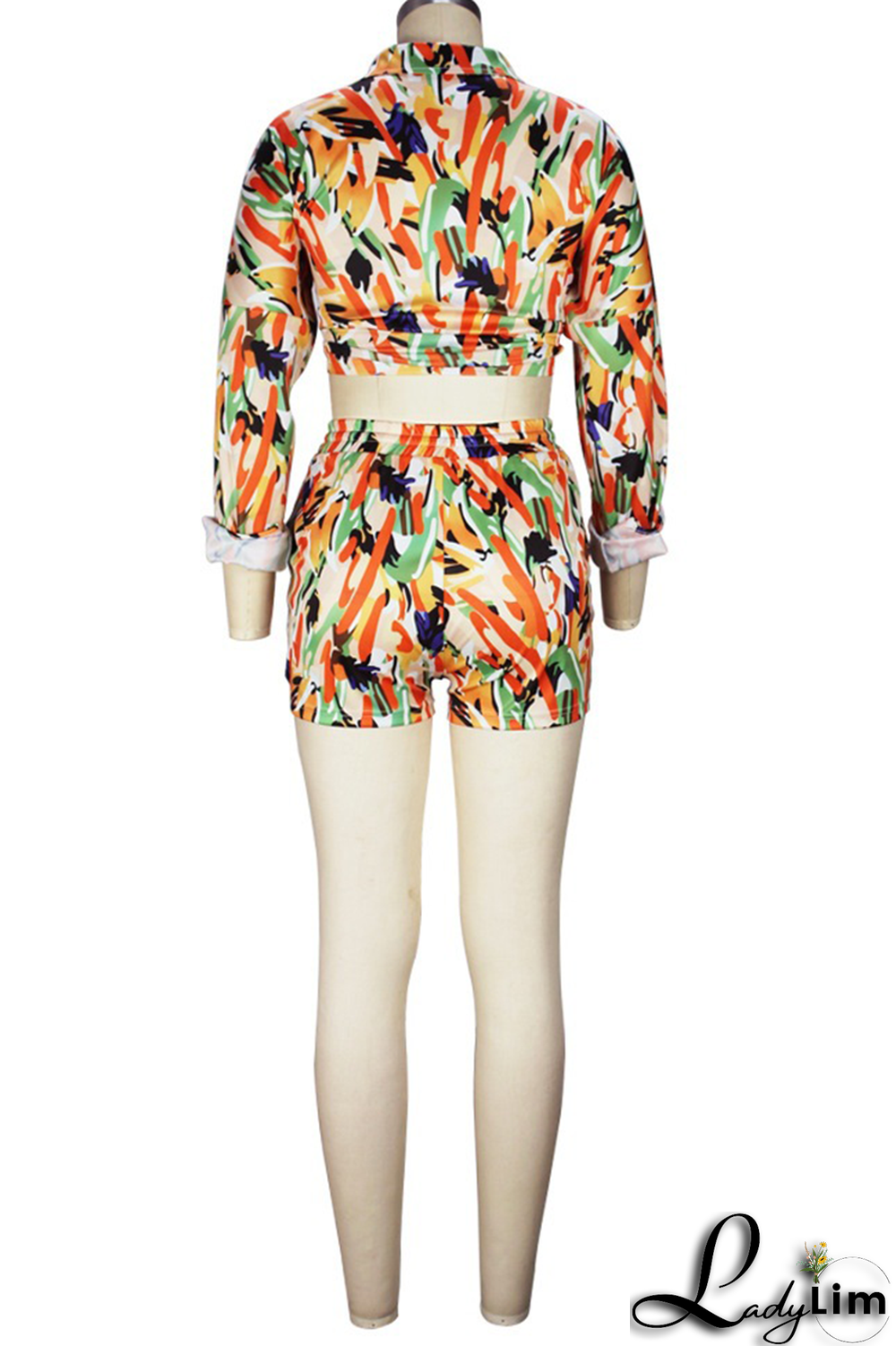 Orange Casual Print Patchwork Turndown Collar Long Sleeve Two Pieces