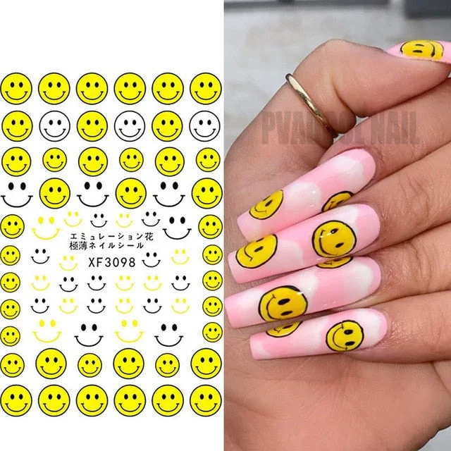 3D Nail Art Stickers Summer Smile Face Transfer Water Decals Tips High Quality Adhesive Slider DIY Foils Tip Decoration Maincure