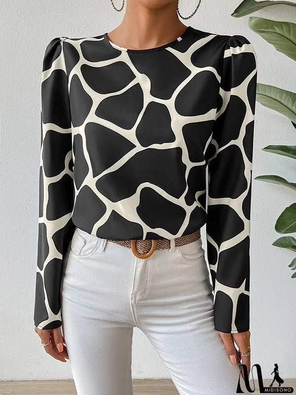 MidiSono - Long Sleeves Loose Hollow Printed Round-Neck T-Shirts Tops