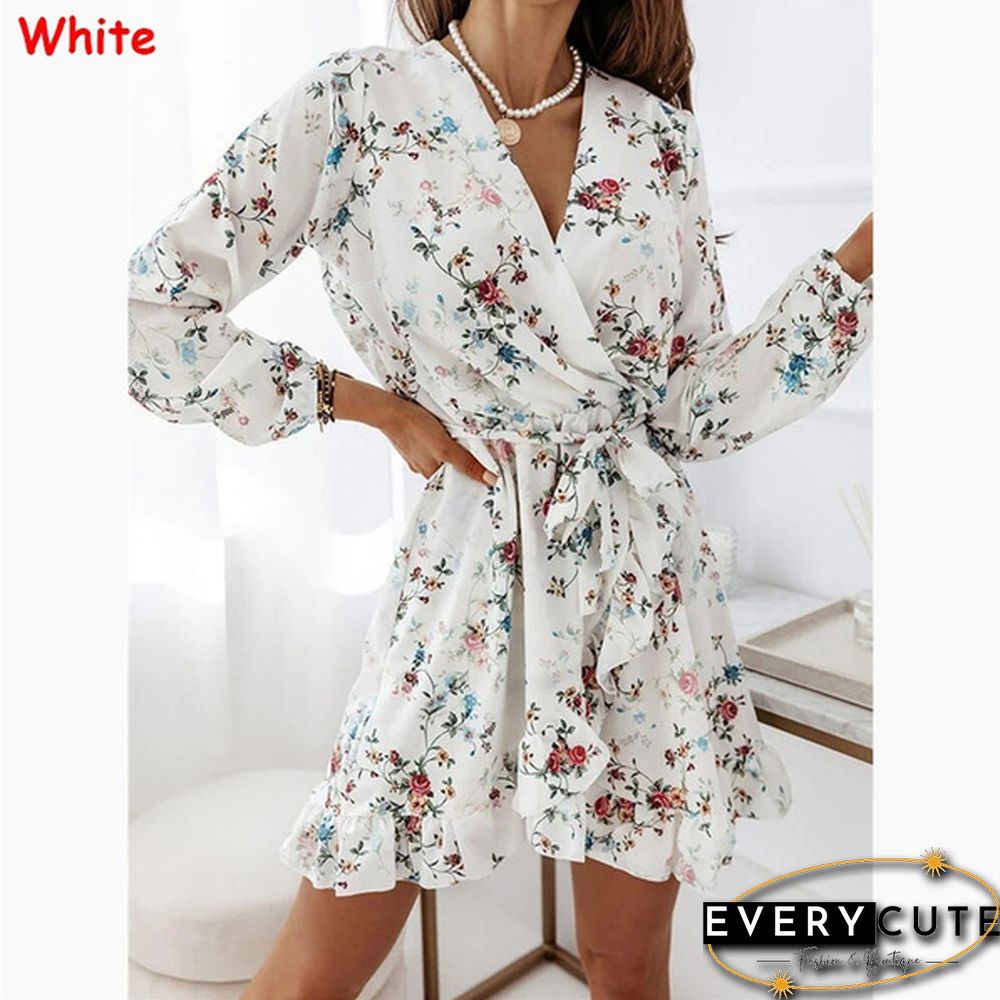 Fall Fashion Floral Print V-neck Long Sleeve Slim Mini Dress Ladies Elegant Vestidos