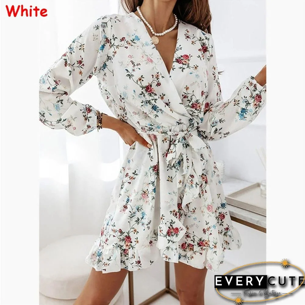 Fall Fashion Floral Print V-neck Long Sleeve Slim Mini Dress Ladies Elegant Vestidos