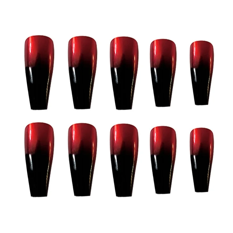 European Red Black Gradient Fake Nails Extra Long Ballerina Artificial Full Nail Art Tip with Glue Coffin Shaped Press On Nails-Nail Inspo