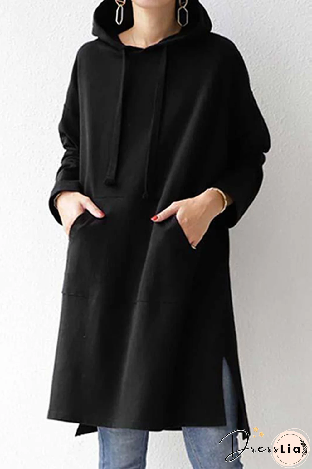 Casual Street Solid Draw String Pocket Slit Hooded Collar Tops