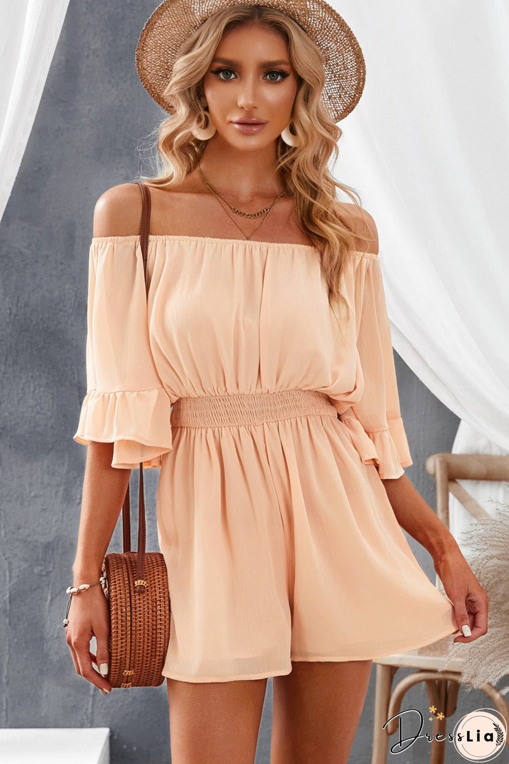 Chic Apricot Off Shoulder Romper