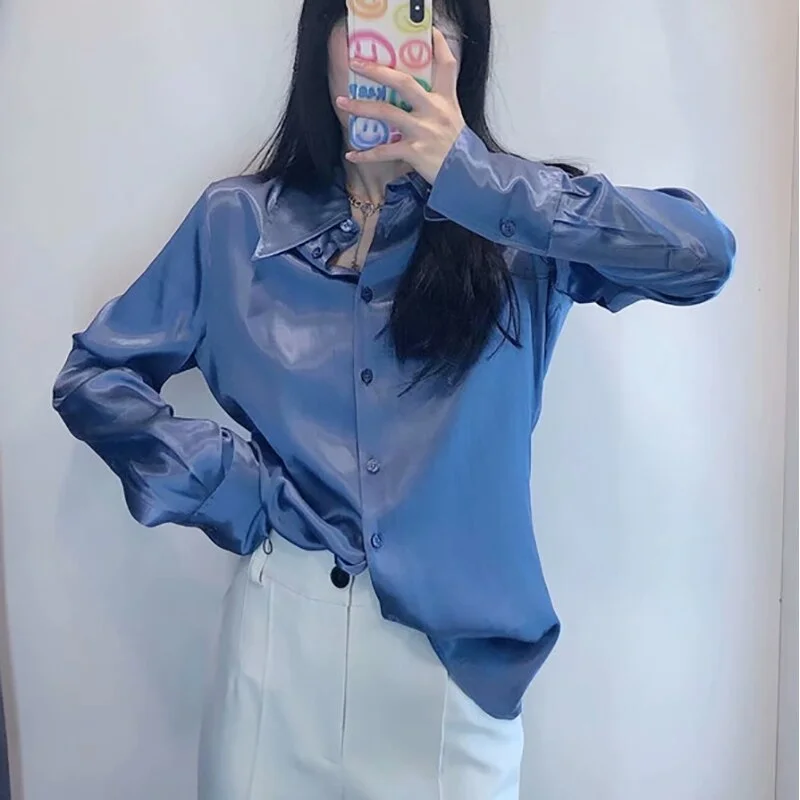 Snican Solid Faux Silk Satin Basic Work Suit Shirts Elegant Fashion Office Ladies Blouse Spring Vintage Blusas De Mujer Za 2021