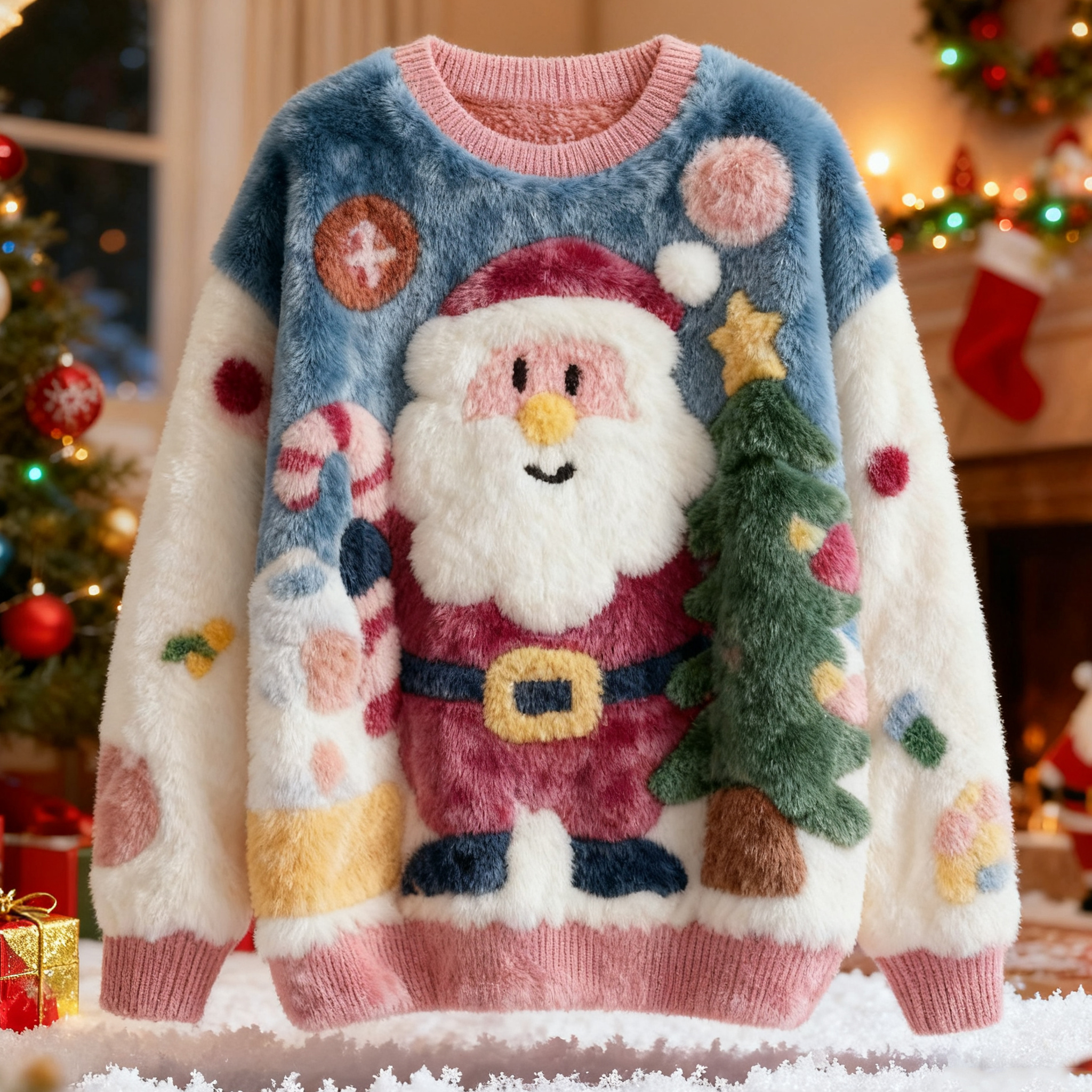 Cute Santa Claus And Christmas Tree Pattern Warm Crew Neck Sweater elevenforest