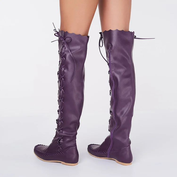 Purple Knee Boots Round Toe Flat Comfortable Strappy Boots for