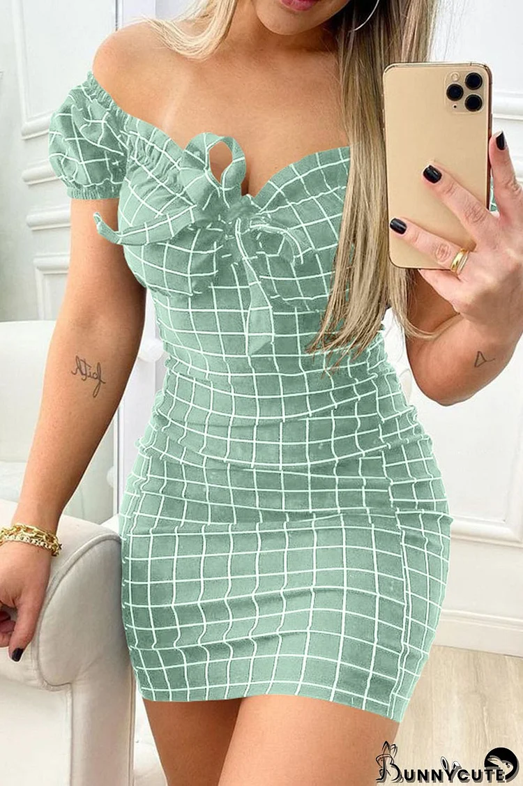 Light Green Fashion Casual Plaid Print Frenulum V Neck Short Sleeve Dress